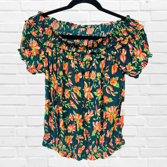 Free People Off Shoulder Crop Top Floral Blouse Suki Garden Combo Smocked XS NWT - Picture 5 of 12